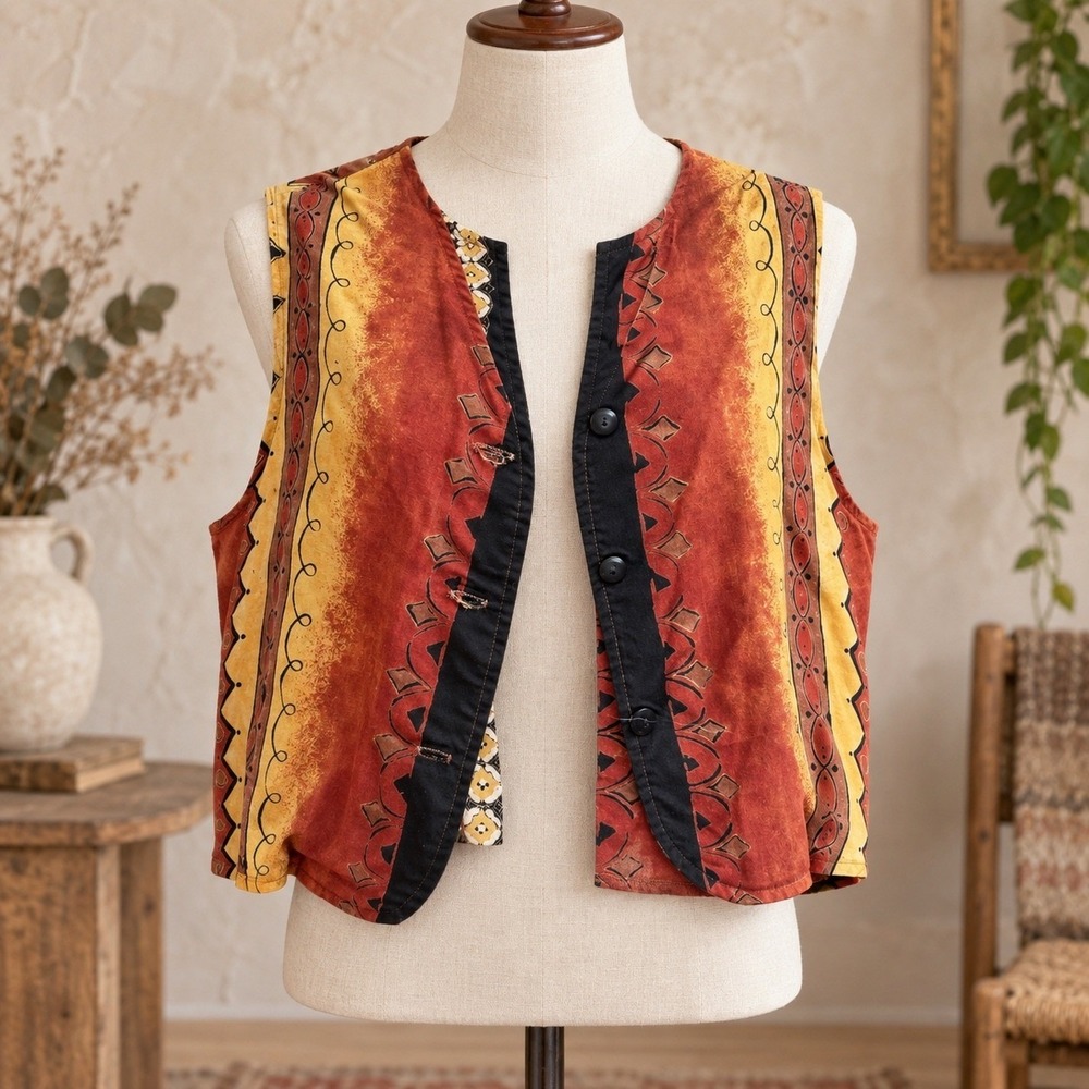 Vintage Maggie Lawrence Southwestern Rayon Vest Small Rust Orange Made in USA